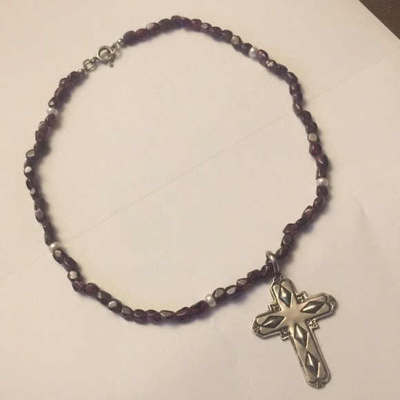 Native American Garnet Freshwater Pearl Sterling Cross Necklace Marked 15" - Picture 1 of 7